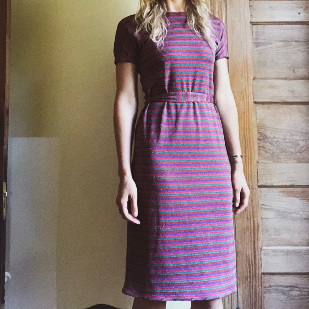 Vintage Casual Striped Knit Short Sleeve Dress